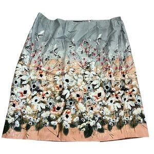 Talbots A-Line Skirt Floral Hummingbird Design Silver Peach Elastic Plus Size 18